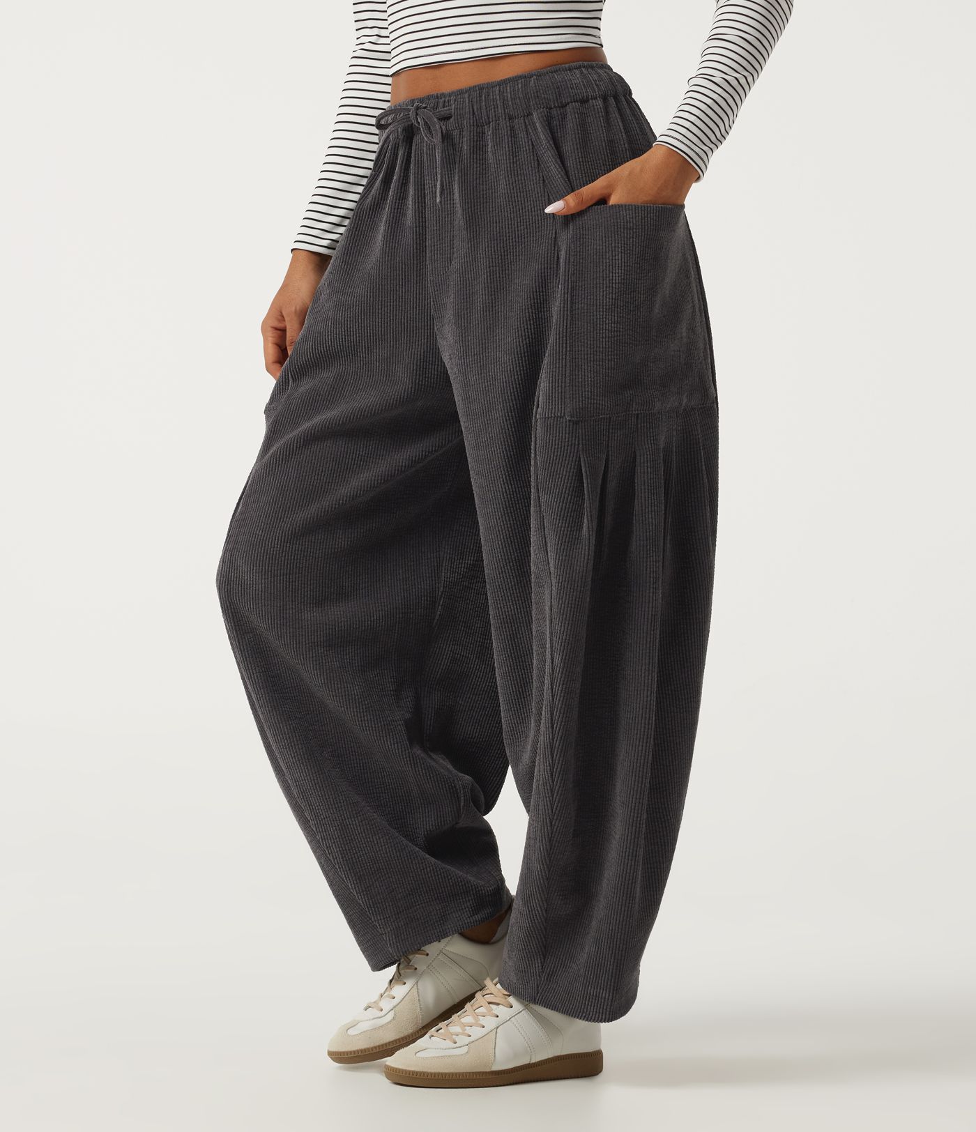 High Waisted Drawstring Corduroy Casual Pants with Pockets High Waisted Drawstring Corduroy Casual Pants with Pockets