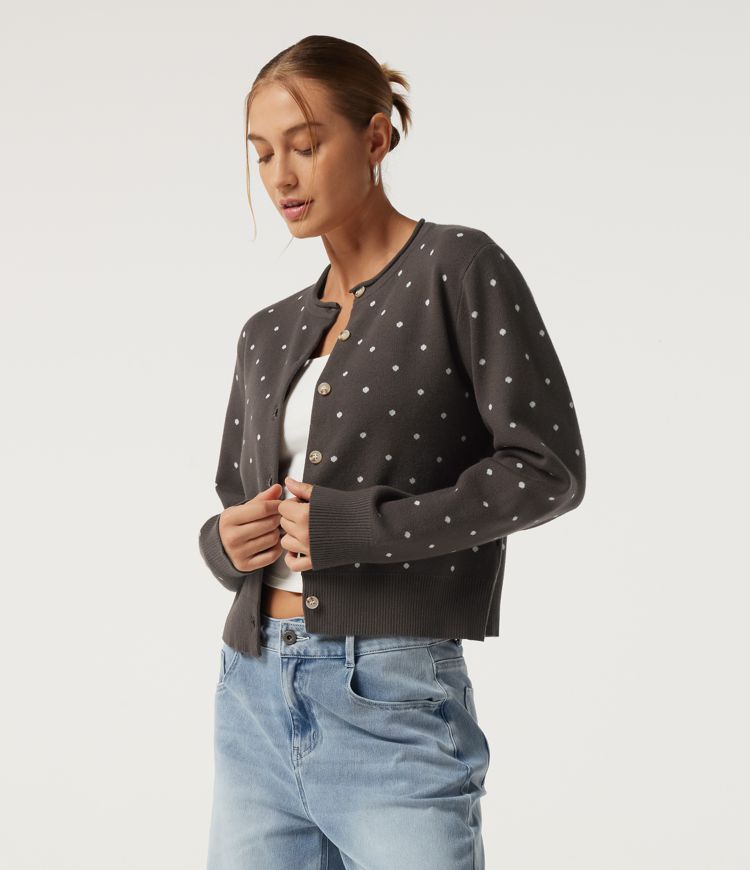 Round Neck Long Sleeve Polka Dot Casual Cardigan