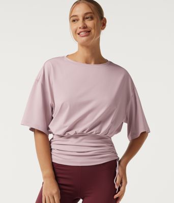 Round Neck Dropped Half Sleeve Drawstring Ruched Yoga Sports Top