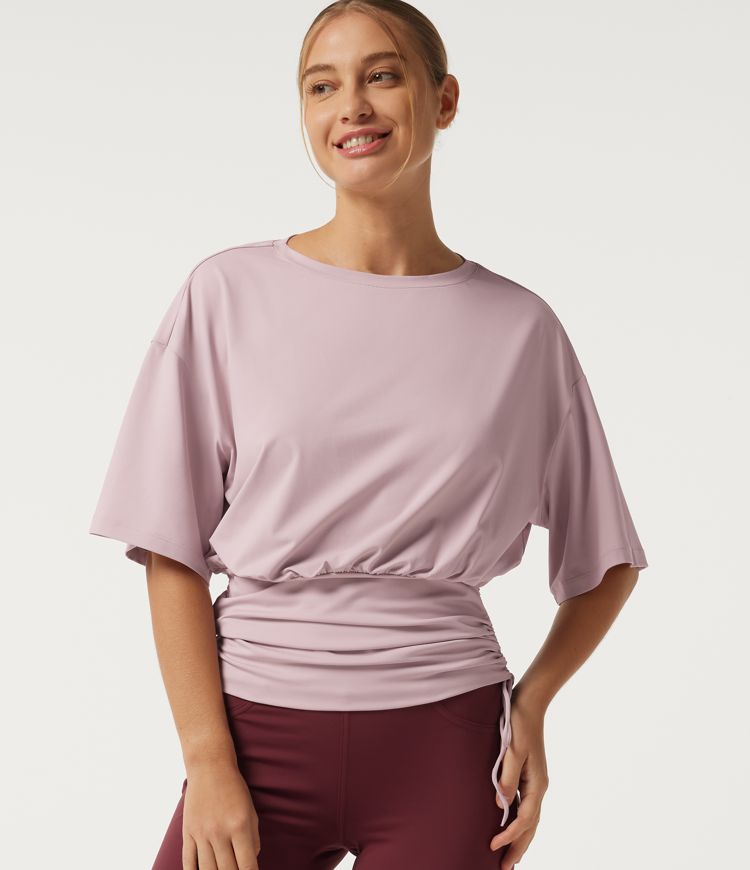 Round Neck Dropped Half Sleeve Drawstring Ruched Yoga Sports Top