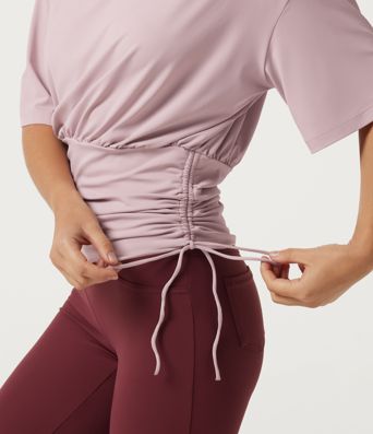 Round Neck Dropped Half Sleeve Drawstring Ruched Yoga Sports Top