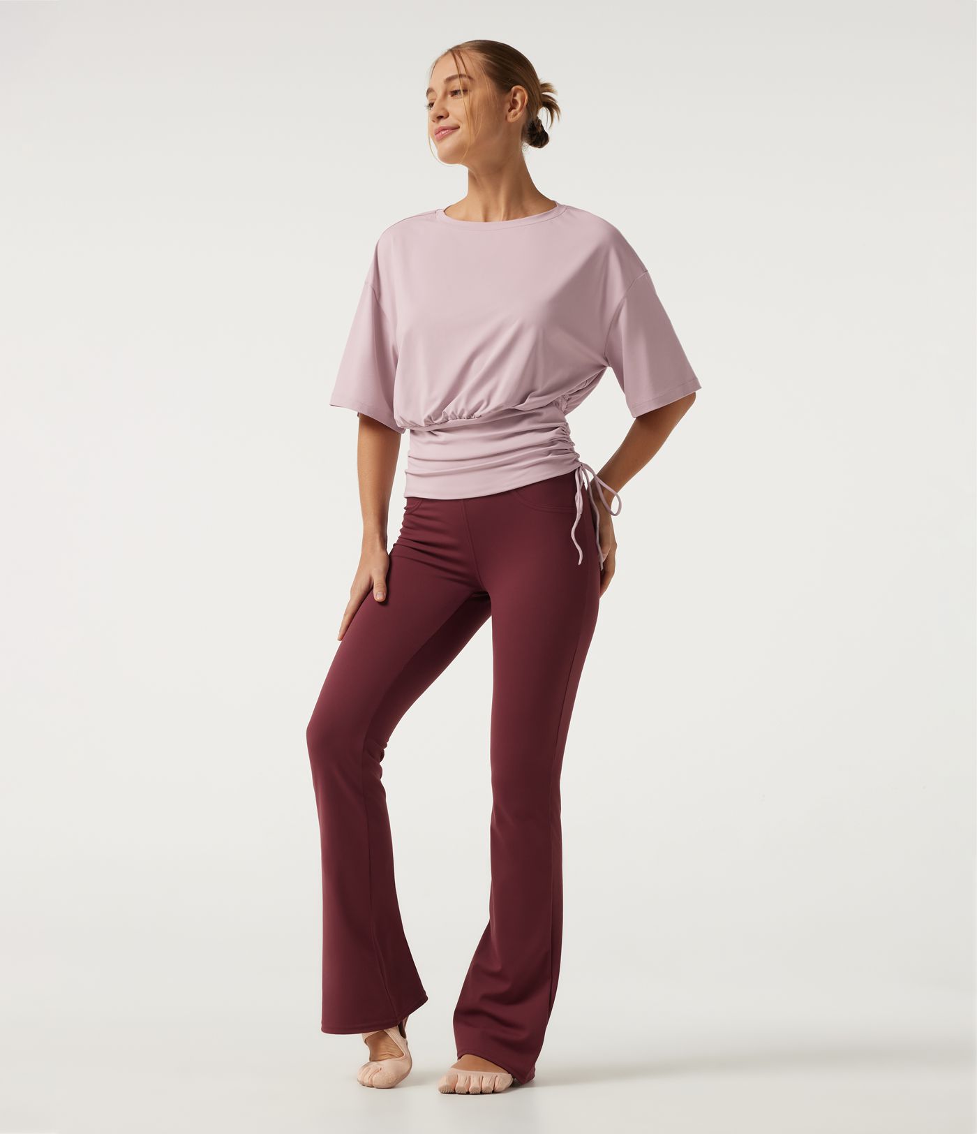 Round Neck Dropped Half Sleeve Drawstring Ruched Yoga Sports Top