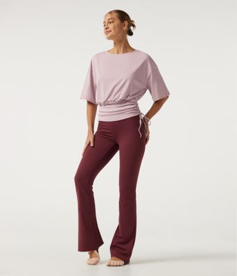 Round Neck Dropped Half Sleeve Drawstring Ruched Yoga Sports Top