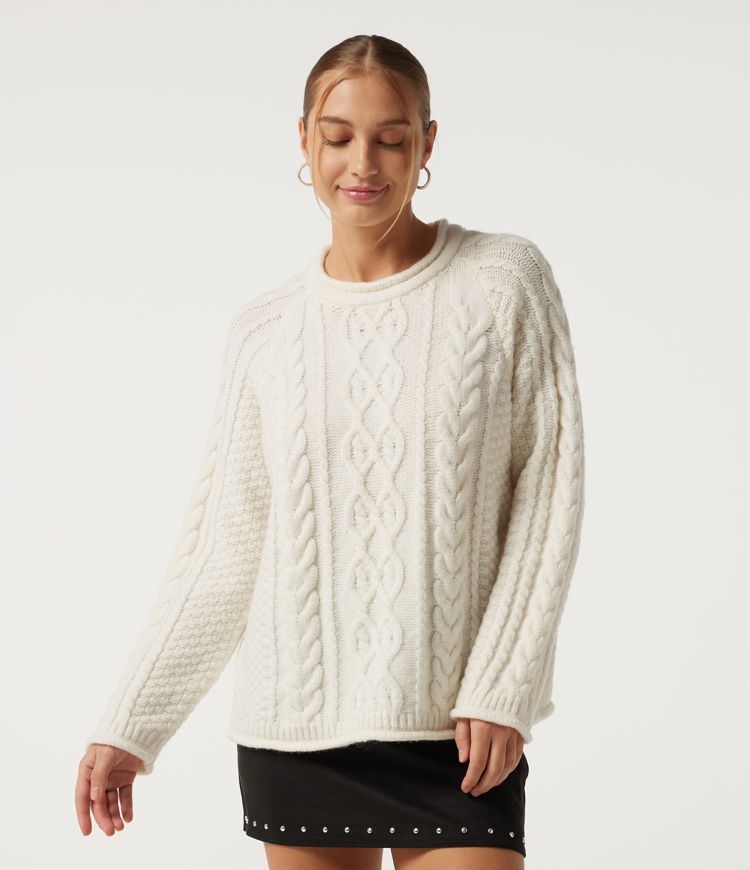 Round Neck Long Sleeve Rolled Hem Casual Sweater