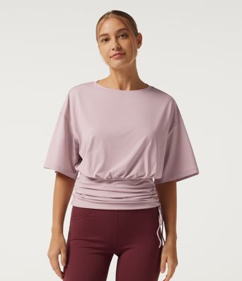 Round Neck Dropped Half Sleeve Drawstring Ruched Yoga Sports Top