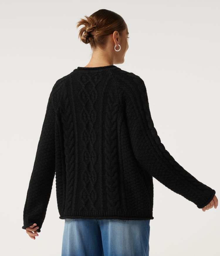 Black Round Neck Long Sleeve Rolled Hem Casual Jumper / 2