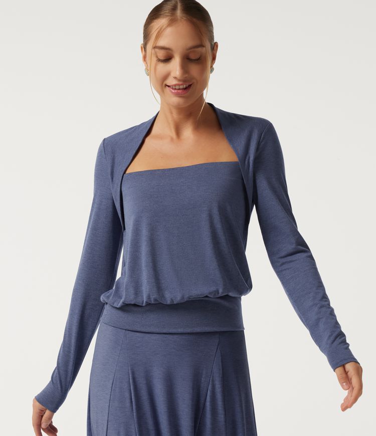 Square Neck Long Sleeve Heathered Casual Top