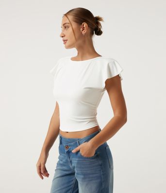 Boat Neck Flounce Sleeve Backless Crisscross Casual Top