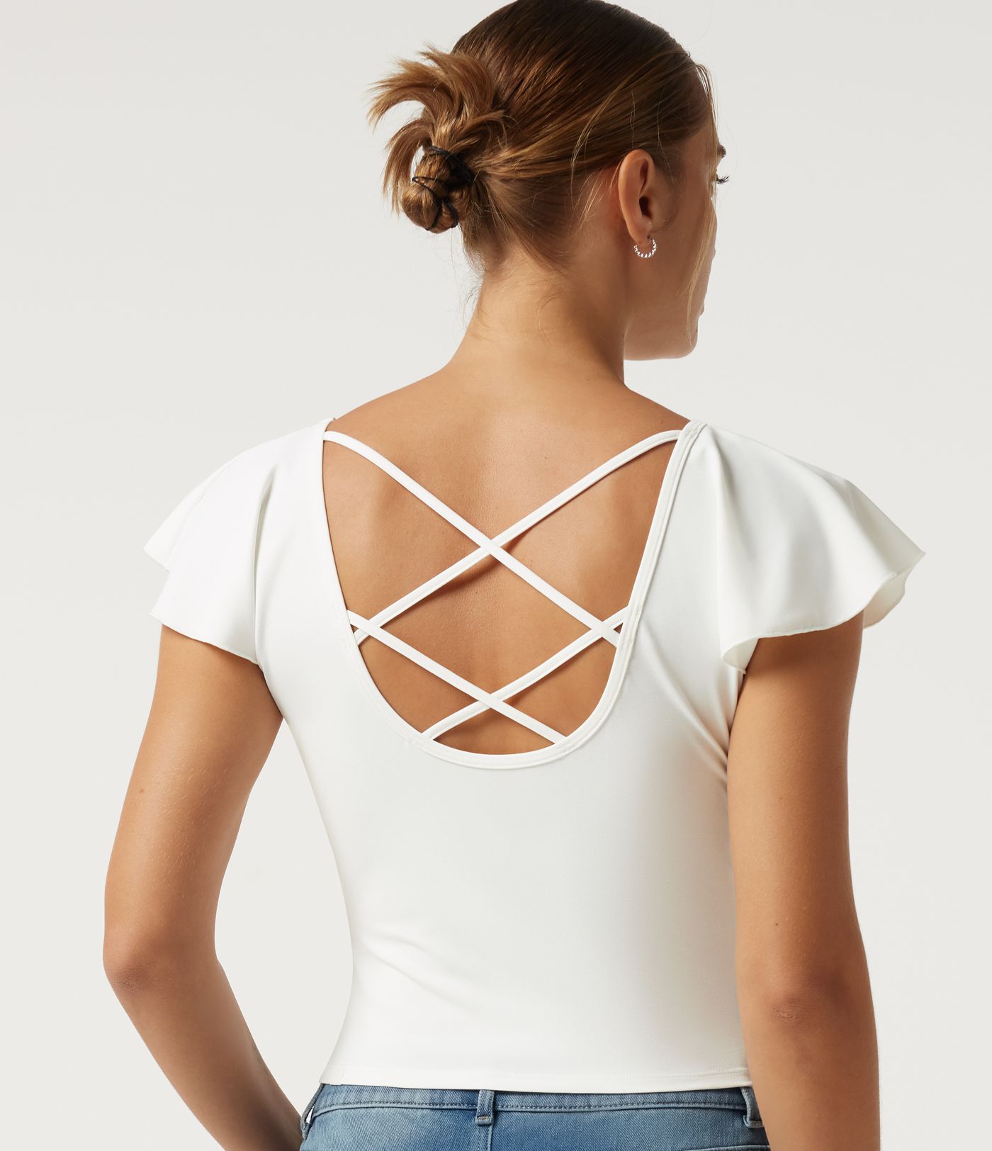 Boat Neck Flounce Sleeve Backless Crisscross Casual Top