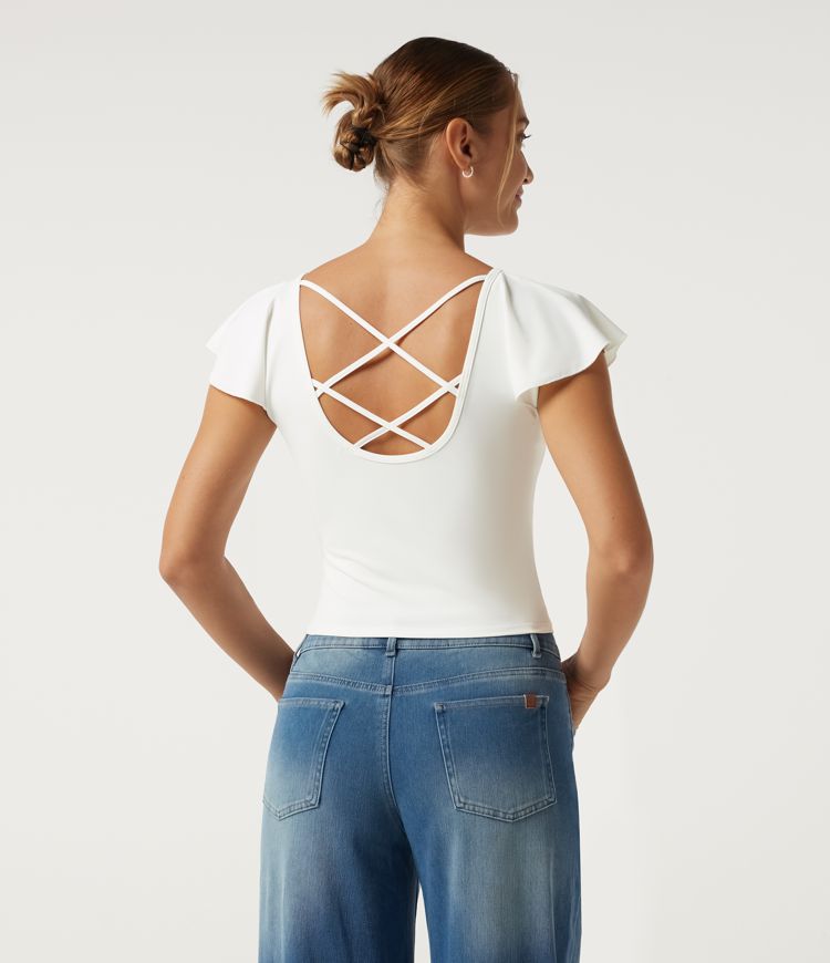 Boat Neck Flounce Sleeve Backless Crisscross Casual Top