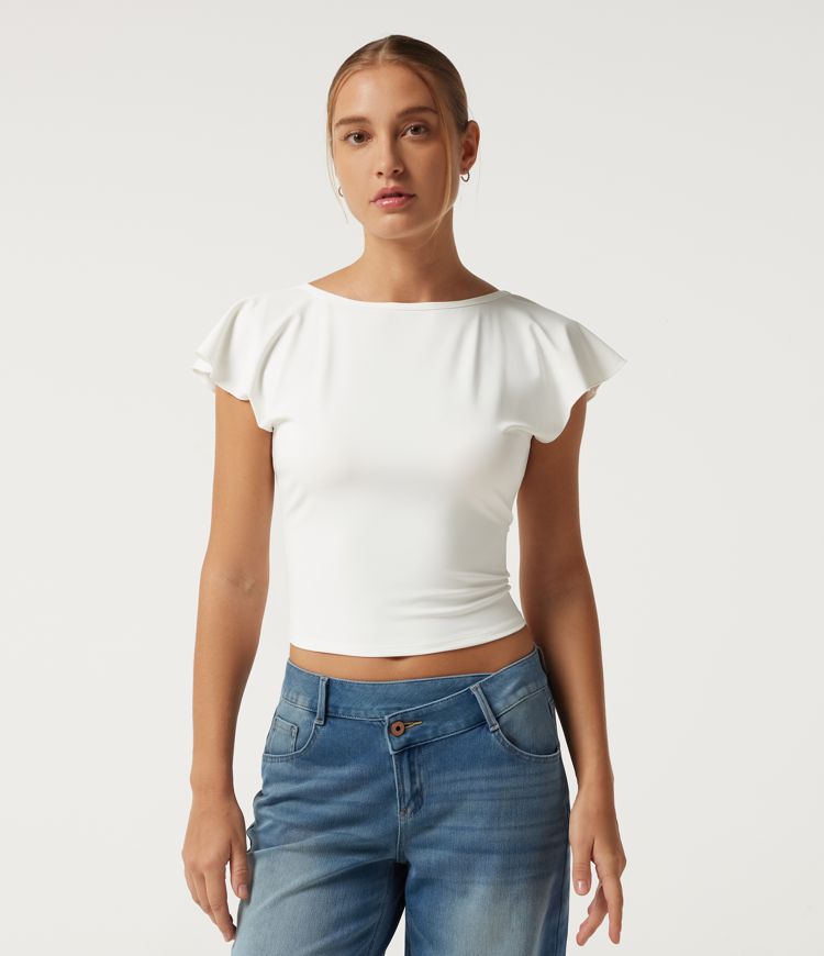 Boat Neck Flounce Sleeve Backless Crisscross Casual Top