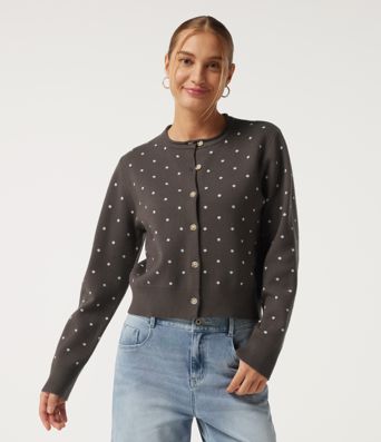 Round Neck Long Sleeve Polka Dot Casual Cardigan