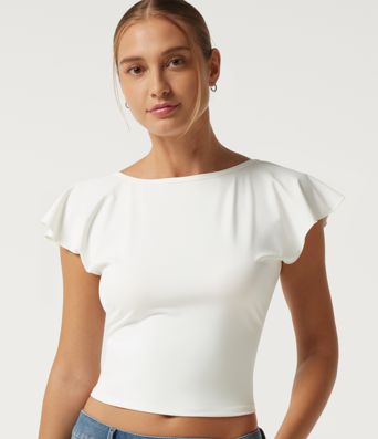 Boat Neck Flounce Sleeve Backless Crisscross Casual Top