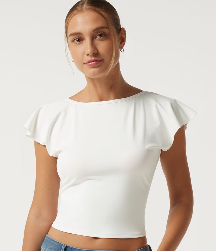 Boat Neck Flounce Sleeve Backless Crisscross Casual Top