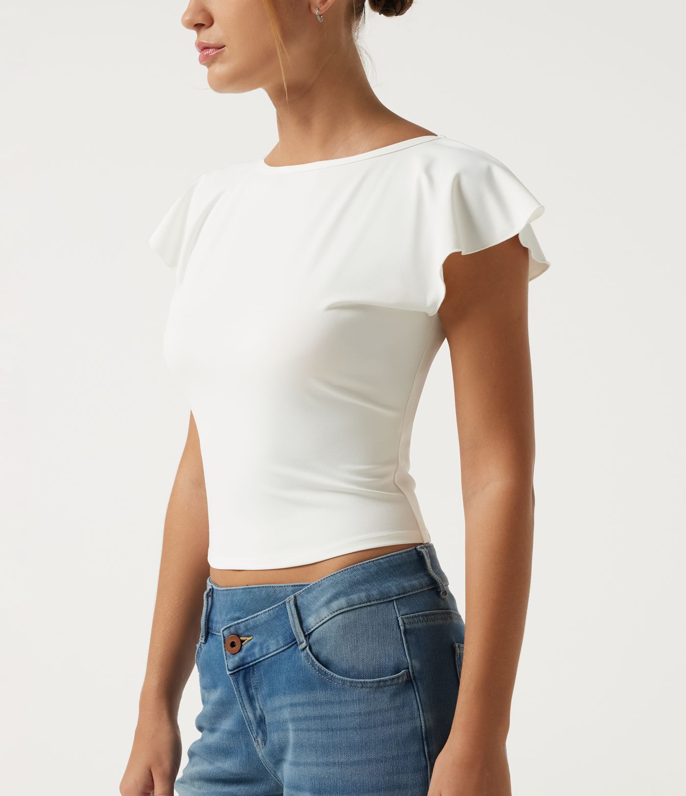 Boat Neck Flounce Sleeve Backless Crisscross Casual Top