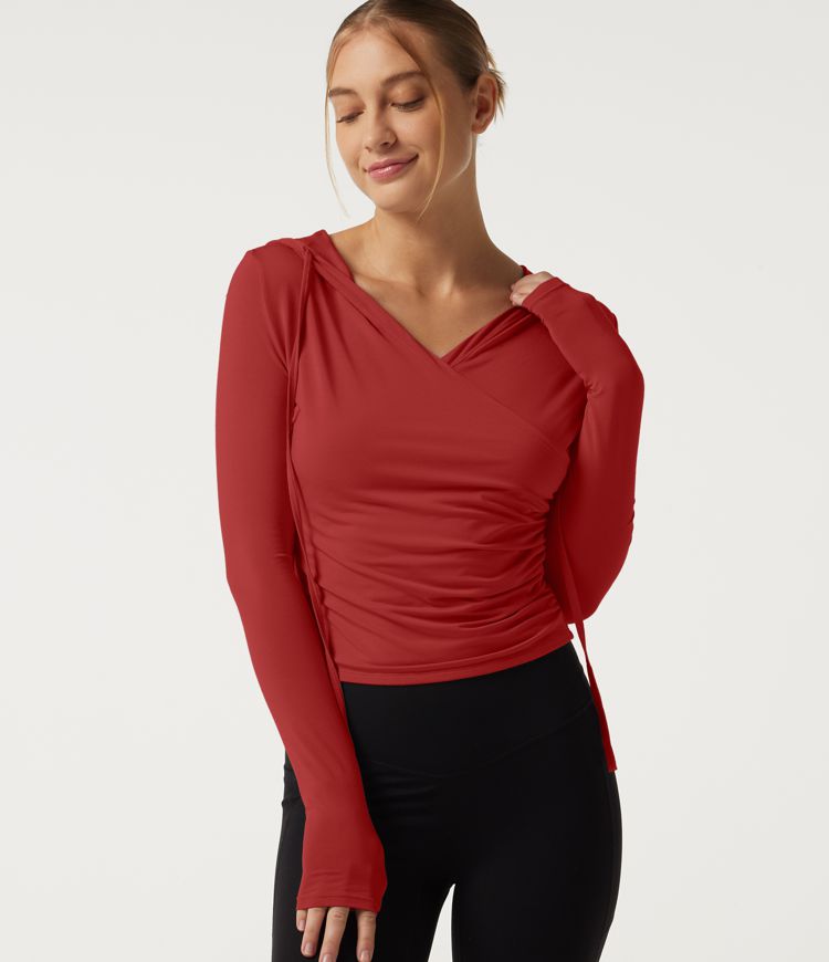 Kapuzensweatshirt für Yoga, lange Ärmel, überlappende Vorderseite mit Raffung Kapuzensweatshirt für Yoga, lange Ärmel, überlappende Vorderseite mit Raffung