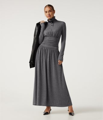 Polo Long Sleeve Thumb Hole Ruched A-Line Casual Maxi Dress Polo Long Sleeve Thumb Hole Ruched A-Line Casual Maxi Dress
