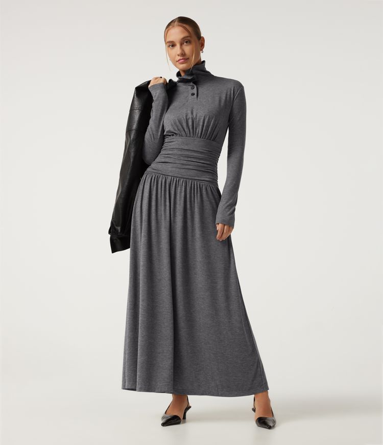 Polo Long Sleeve Thumb Hole Ruched A-Line Casual Maxi Dress Polo Long Sleeve Thumb Hole Ruched A-Line Casual Maxi Dress