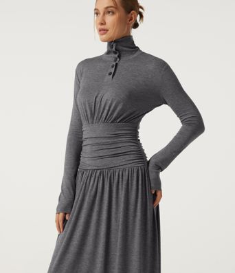 Polo Long Sleeve Thumb Hole Ruched A-Line Casual Maxi Dress Polo Long Sleeve Thumb Hole Ruched A-Line Casual Maxi Dress
