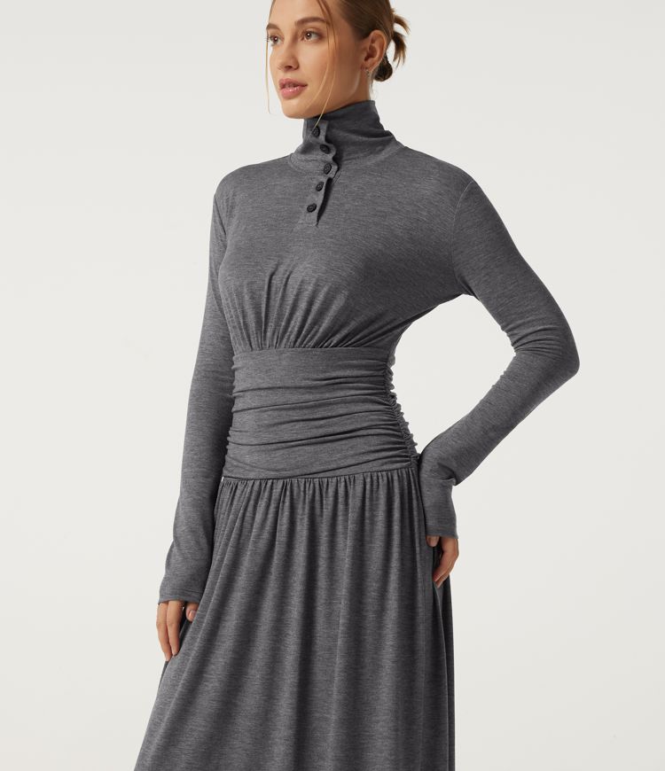 Polo Long Sleeve Thumb Hole Ruched A-Line Casual Maxi Dress Polo Long Sleeve Thumb Hole Ruched A-Line Casual Maxi Dress