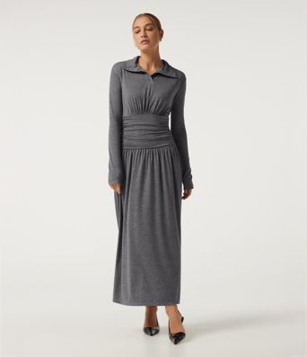 Polo Long Sleeve Thumb Hole Ruched A-Line Casual Maxi Dress Polo Long Sleeve Thumb Hole Ruched A-Line Casual Maxi Dress