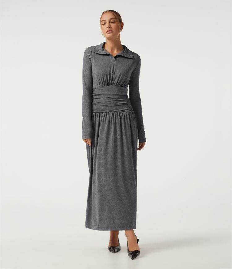 Polo Long Sleeve Thumb Hole Ruched A-Line Casual Maxi Dress Polo Long Sleeve Thumb Hole Ruched A-Line Casual Maxi Dress