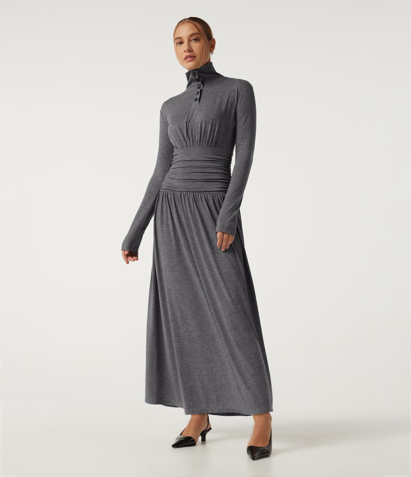 Polo Long Sleeve Thumb Hole Ruched A-Line Casual Maxi Dress Polo Long Sleeve Thumb Hole Ruched A-Line Casual Maxi Dress