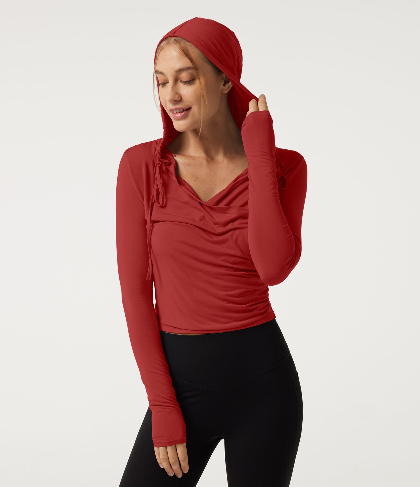 Kapuzensweatshirt für Yoga, lange Ärmel, überlappende Vorderseite mit Raffung Kapuzensweatshirt für Yoga, lange Ärmel, überlappende Vorderseite mit Raffung