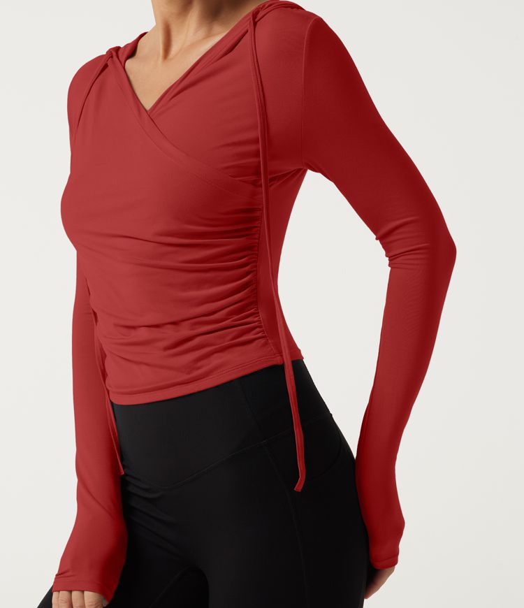 Kapuzensweatshirt für Yoga, lange Ärmel, überlappende Vorderseite mit Raffung Kapuzensweatshirt für Yoga, lange Ärmel, überlappende Vorderseite mit Raffung