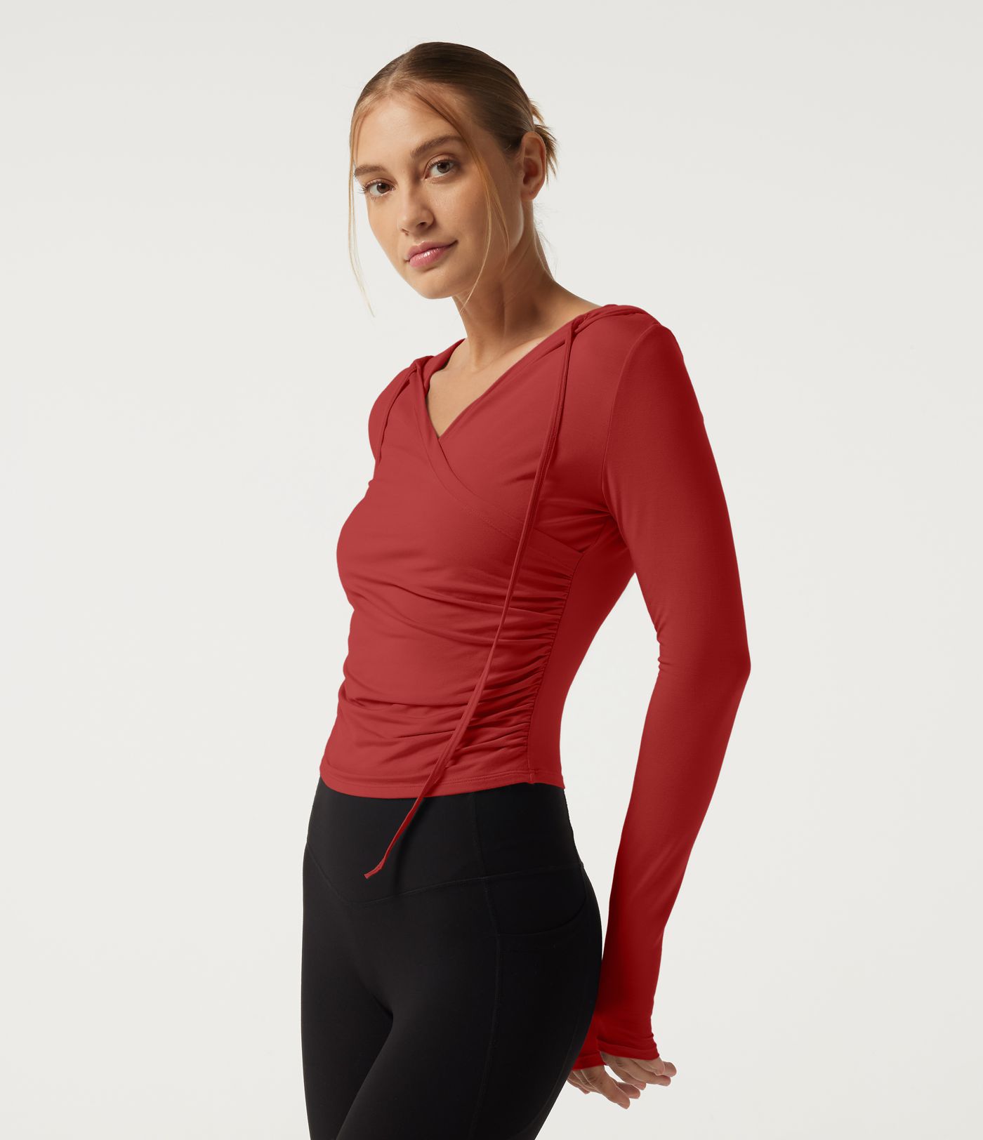Kapuzensweatshirt für Yoga, lange Ärmel, überlappende Vorderseite mit Raffung Kapuzensweatshirt für Yoga, lange Ärmel, überlappende Vorderseite mit Raffung