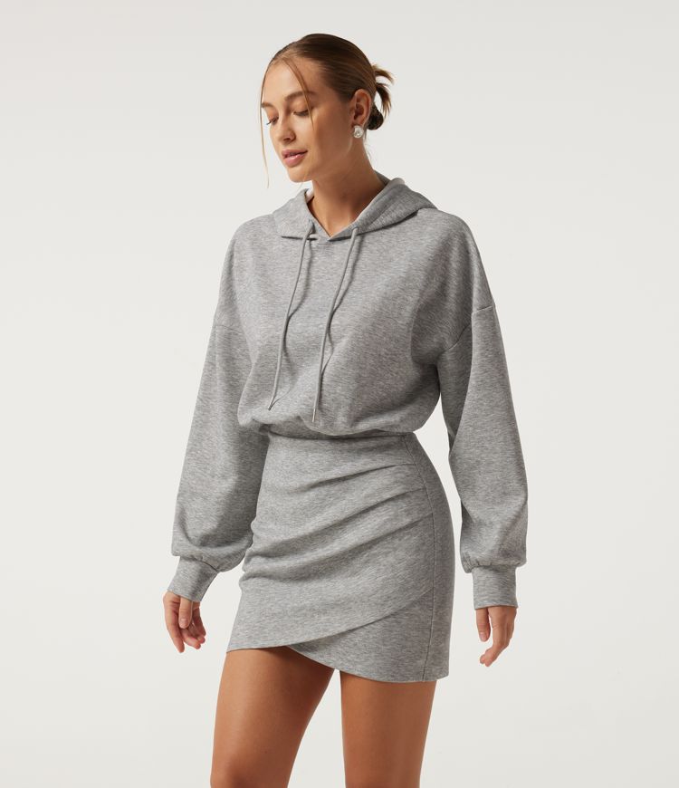 Hooded Long Sleeve Ruched Curved Hem Mini Casual Dress