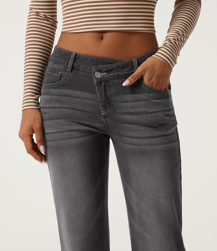 Halara Flex™ Asymmetric Low Rise Straight Leg Casual Jeans with Pockets Halara Flex™ Asymmetric Low Rise Straight Leg Casual Jeans with Pockets