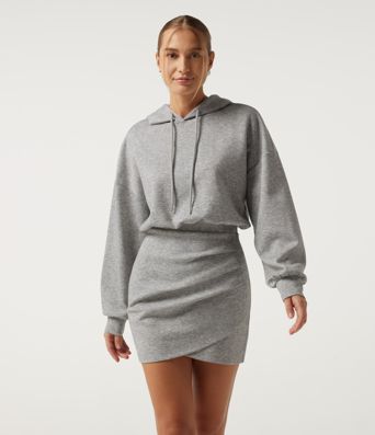 Hooded Long Sleeve Ruched Curved Hem Mini Casual Dress