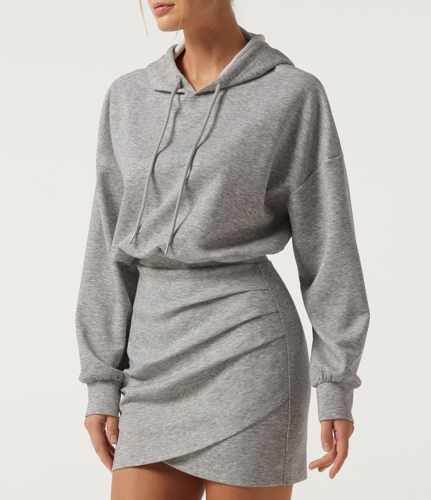 Hooded Long Sleeve Ruched Curved Hem Mini Casual Dress