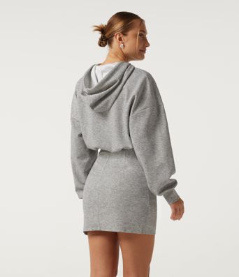Hooded Long Sleeve Ruched Curved Hem Mini Casual Dress