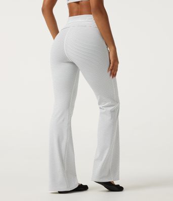 High Waisted Foldover Drawstring Flare Stripe Yoga Leggings with Pockets