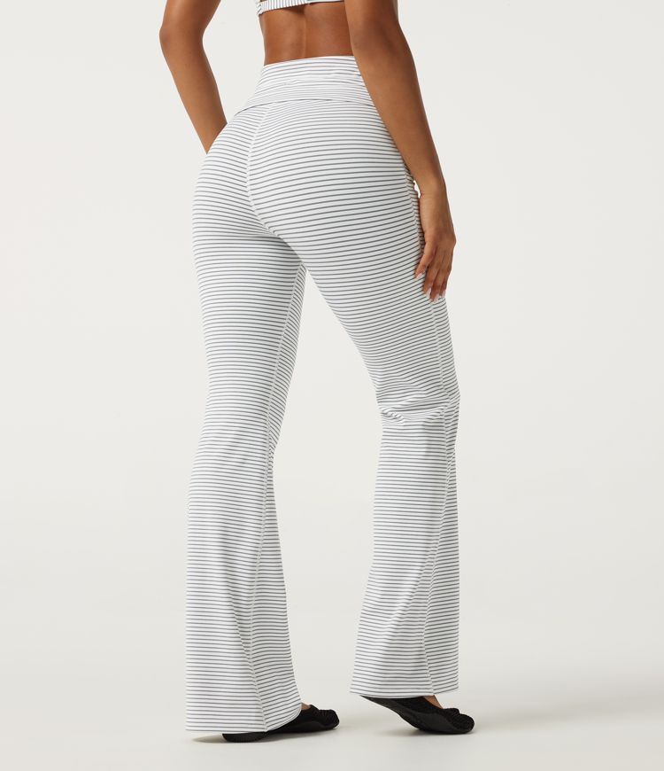 High Waisted Foldover Drawstring Flare Stripe Yoga Leggings with Pockets