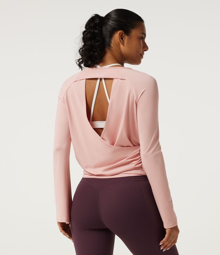 Round Neck Flounce Long Sleeve Ruched Yoga Sports Top