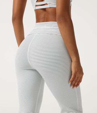 High Waisted Foldover Drawstring Flare Stripe Yoga Leggings with Pockets