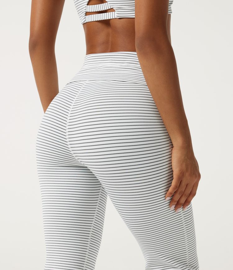 High Waisted Foldover Drawstring Flare Stripe Yoga Leggings with Pockets