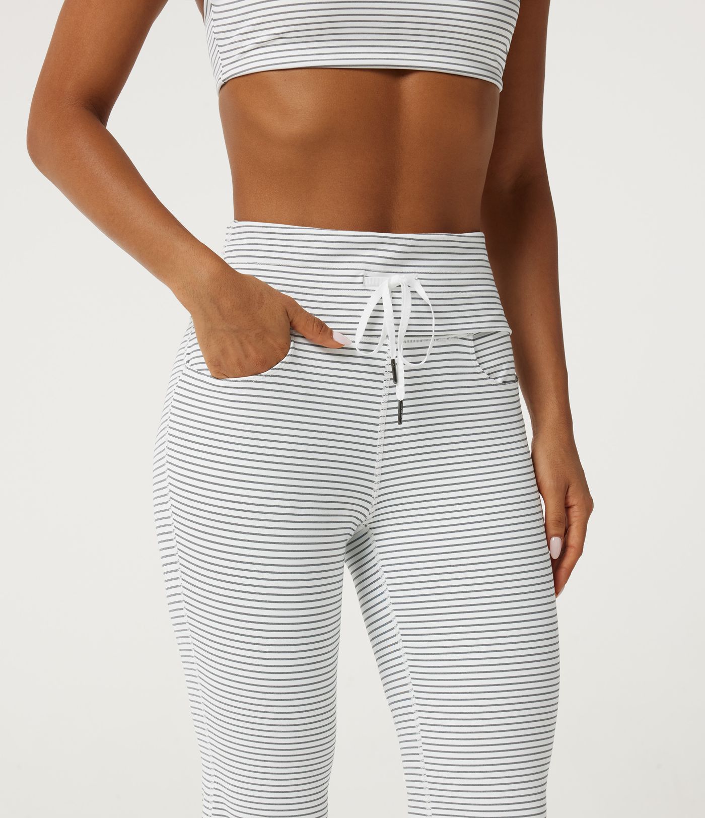High Waisted Foldover Drawstring Flare Stripe Yoga Leggings with Pockets