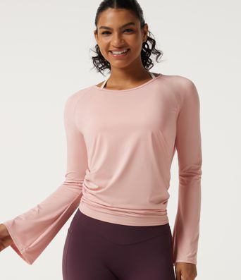 Round Neck Flounce Long Sleeve Ruched Yoga Sports Top