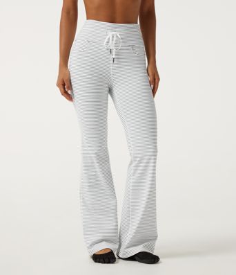 High Waisted Foldover Drawstring Flare Stripe Yoga Leggings with Pockets