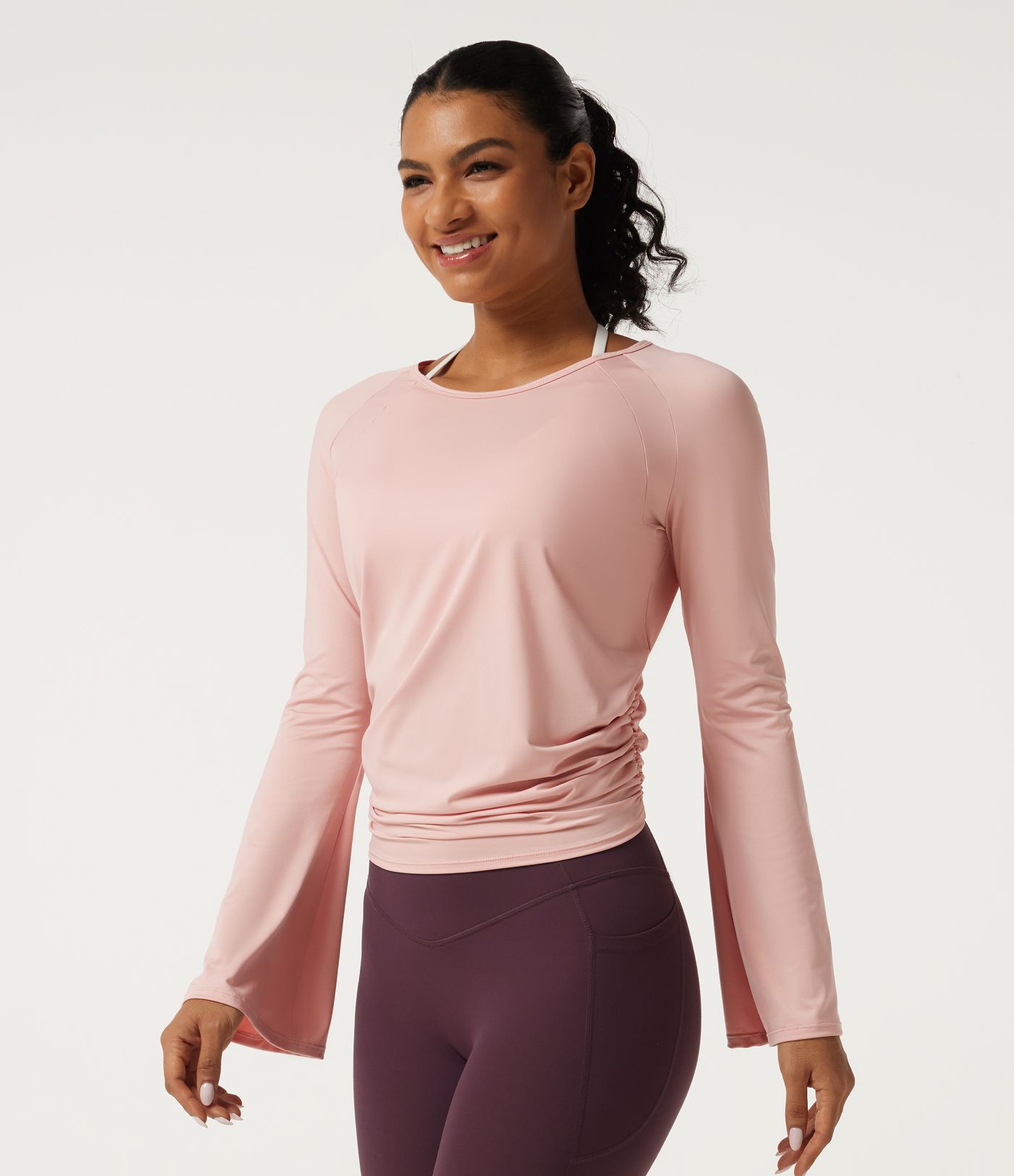 Round Neck Flounce Long Sleeve Ruched Yoga Sports Top