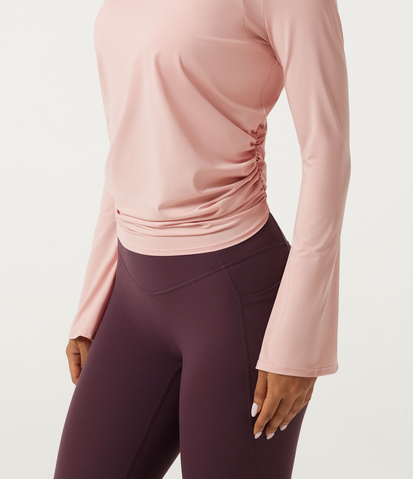 Round Neck Flounce Long Sleeve Ruched Yoga Sports Top