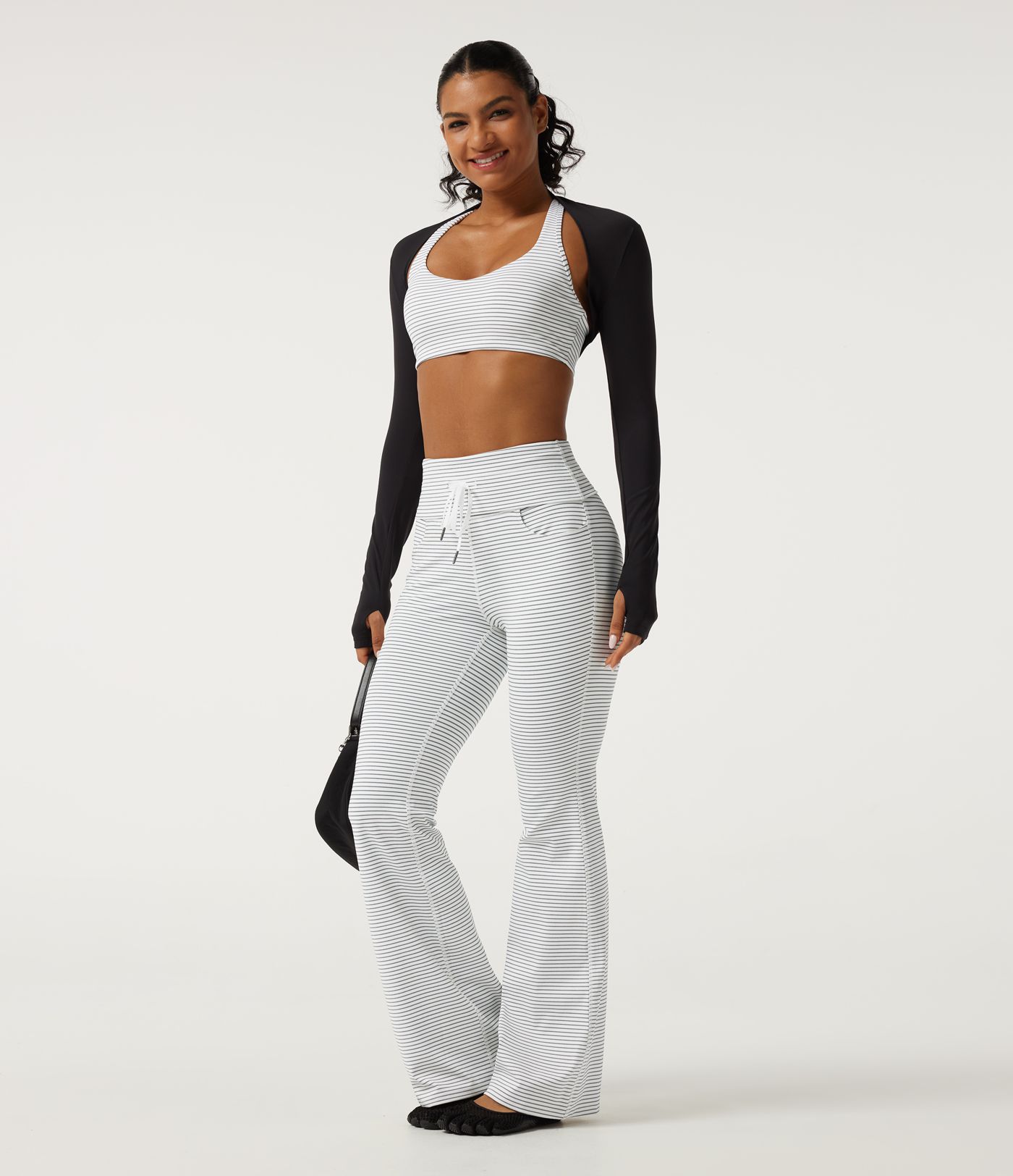 High Waisted Foldover Drawstring Flare Stripe Yoga Leggings with Pockets
