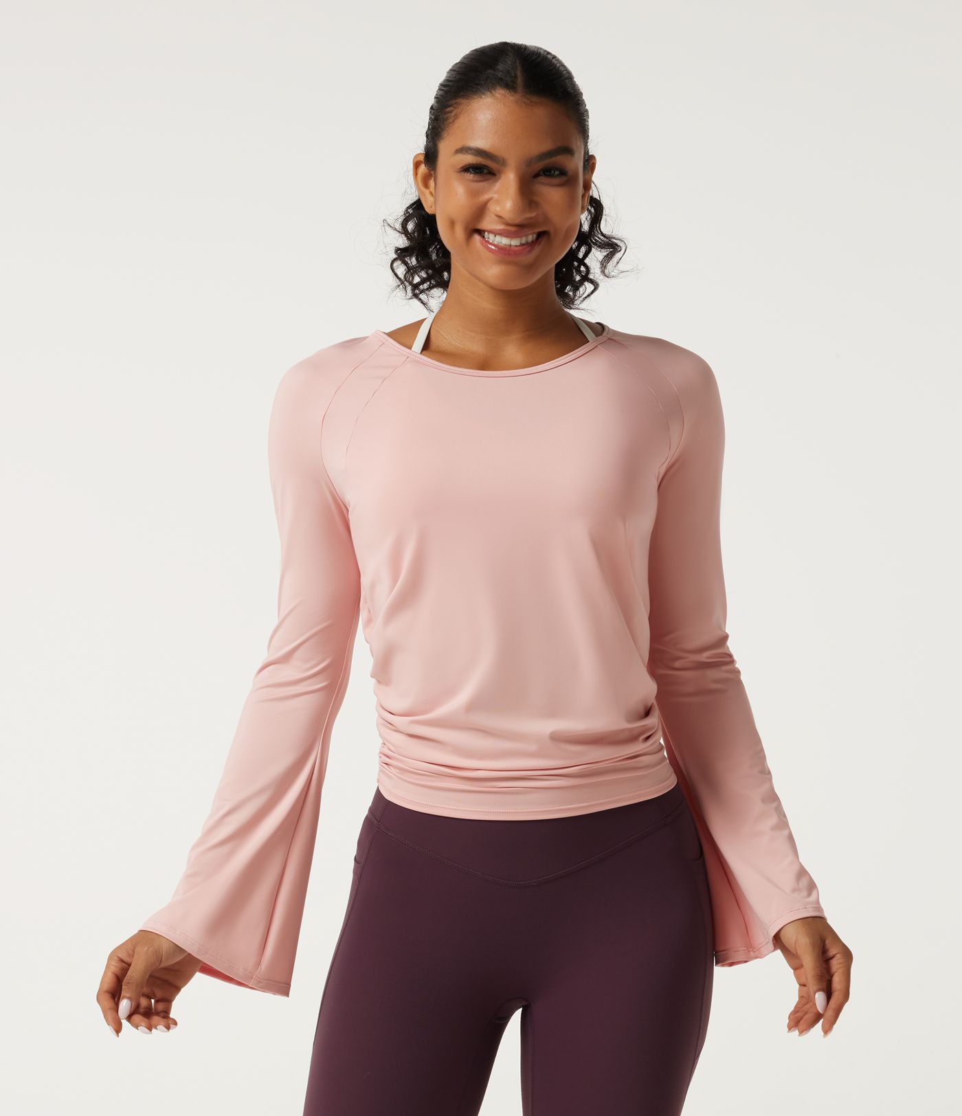 Round Neck Flounce Long Sleeve Ruched Yoga Sports Top
