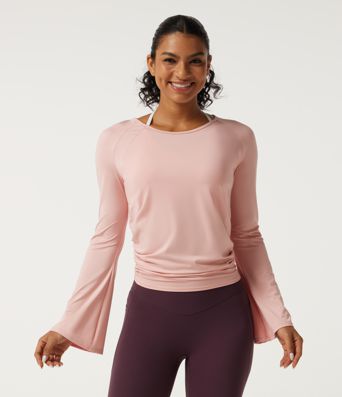 Round Neck Flounce Long Sleeve Ruched Yoga Sports Top