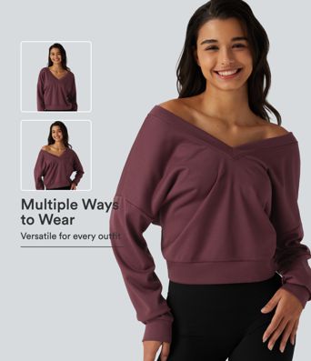 V Neck Long Sleeve Boxy Lounging Sweatshirt