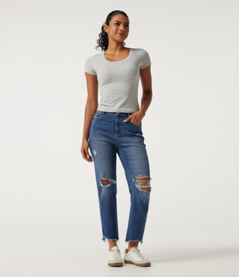 Jeans décontractés taille haute, coupe fuselée, avec poches
